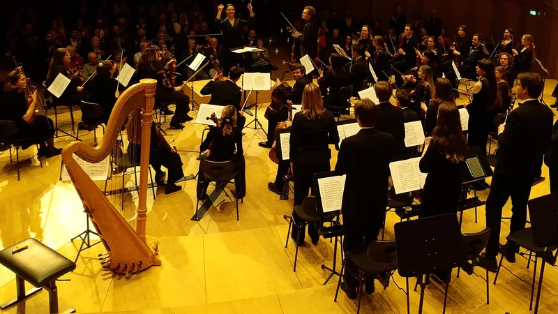 Un orchestre de jeunes musiciens joue en concert sur la scène d'une salle, harpe au premier plan, tous vus de dos.